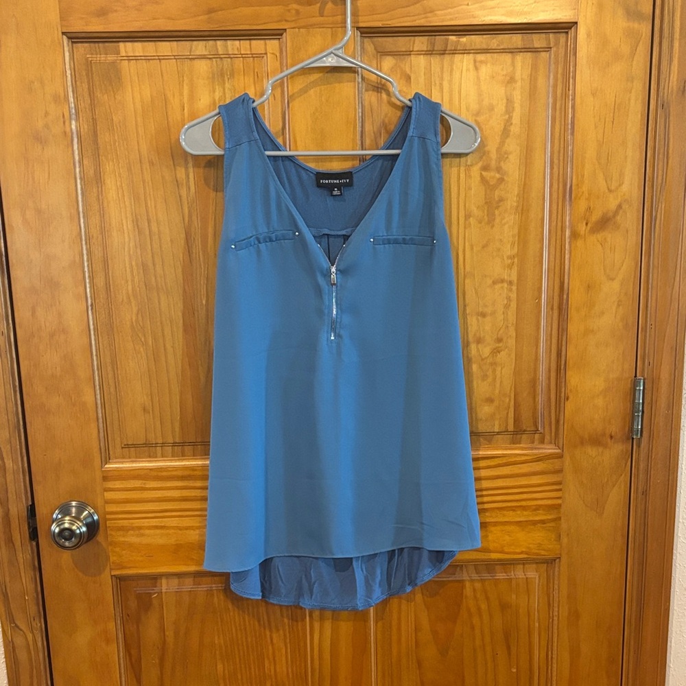 Fortune+Ivy Slate Blue V-Neck Zip Front Tank